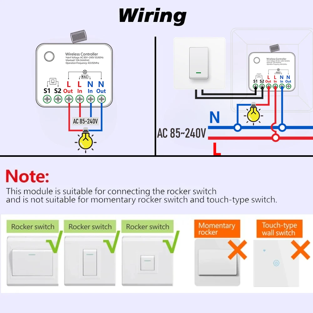 433Mhz 무선 스마트 라이트 스위치 리모컨 AC 110V 220V 230V 240V 10A 3000W 미니 릴레이 리시버 2방향 램프 조명 LED용