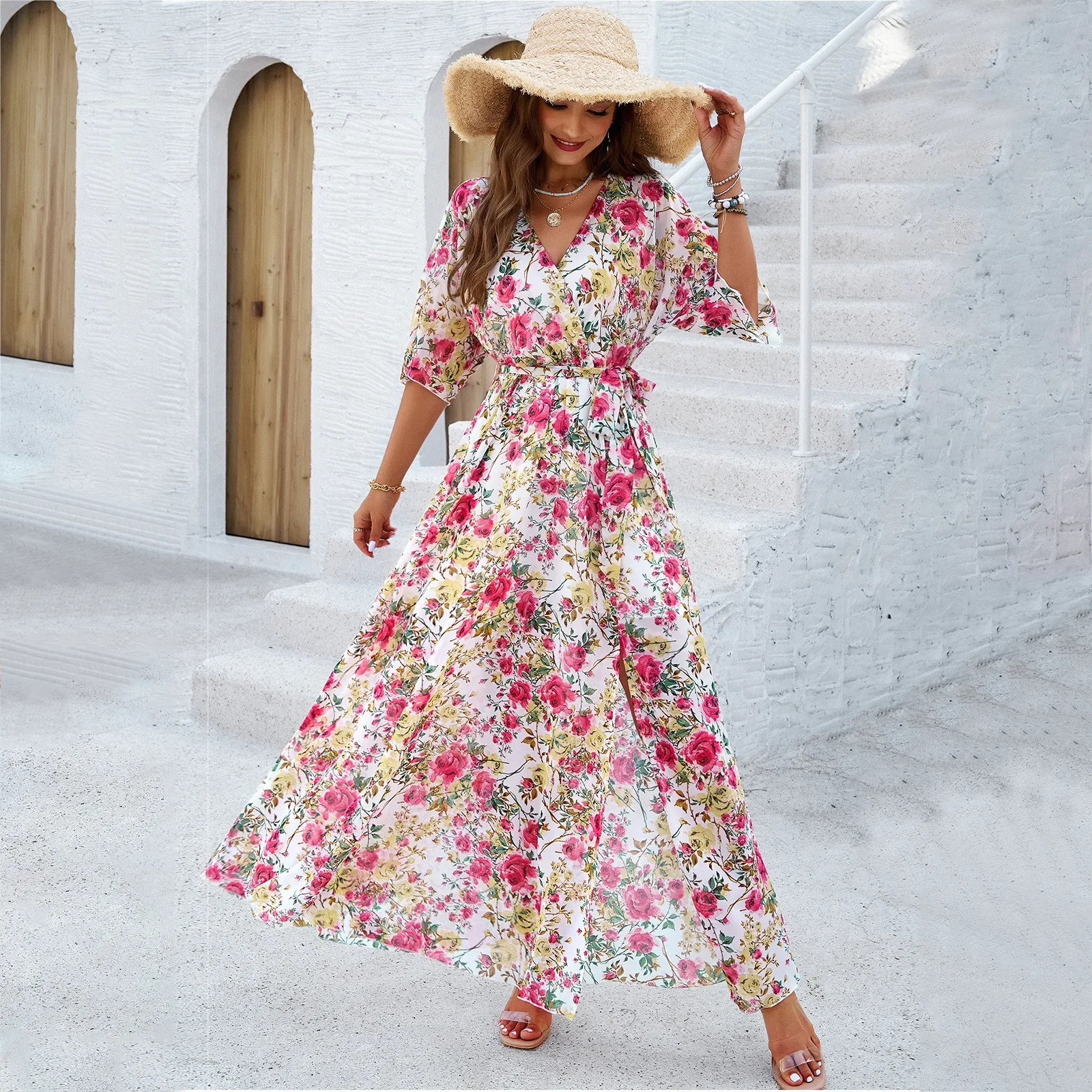 

YEAE Temperament Printed Waist Dress Botanical Floral Split V-Neck Belted Long Dresses Commuter Casual Vacation Partywear 2024