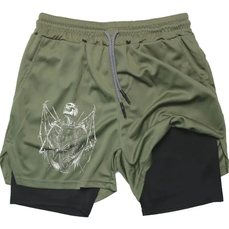 Y2K Performance Men Quick-drying Fitness Skull Print Double Layer Shorts Workout Training Running Bodybuilding work short pants 5