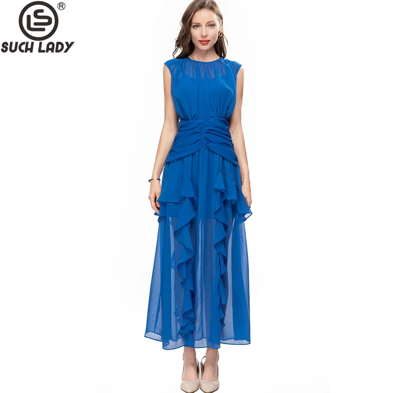 

Women's Runway Dresses O Neck Sleeveless Ruched Waist Ruffles High Street Fashion Designer Vestidos