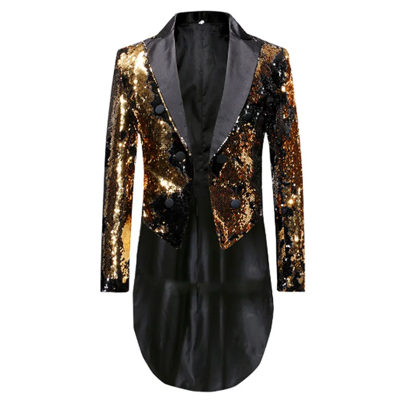 

Men's Black Gold Sequins Suit Jacket Swallowtail Slim Coat Groom Wedding Tailcoat Singer Host Magician Sequined Blazers Costume