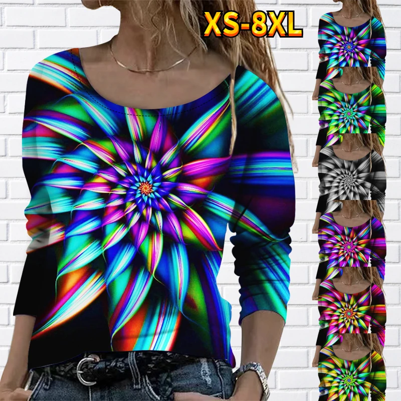 

2023 Spring Women's Daily Abstract Print Long Sleeve Retro Pullover Round Neck Loose Size Top Fashion T-shirt Elegant Tee Shirt