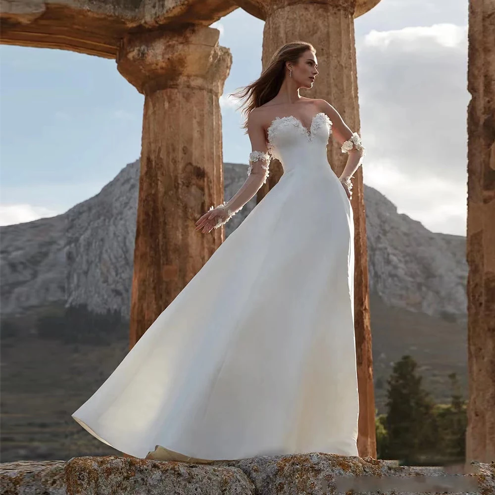 

Gorgeous And Simple Bride Dress Sexy Off-Shoulder Sweetheart Sleeveless 3D Applique With Gloves A-Line Princess Wedding Gowns De