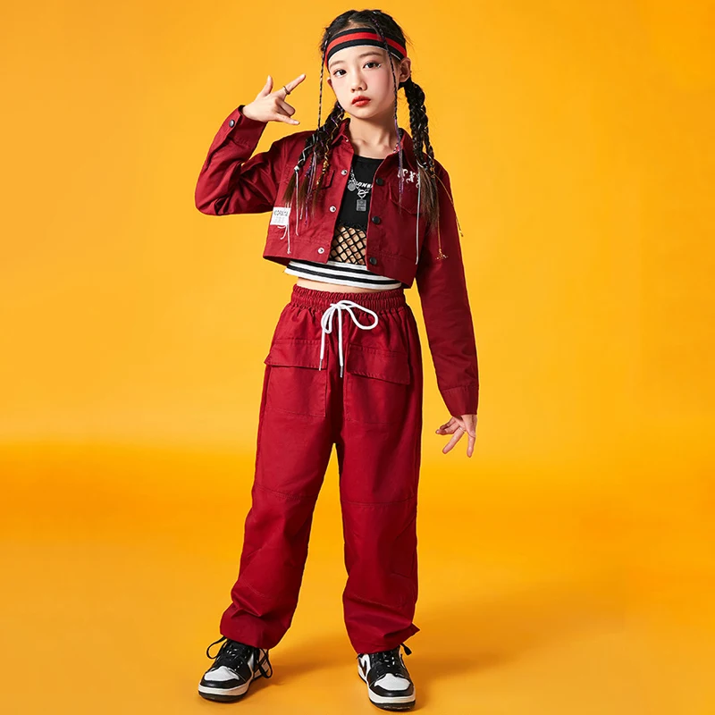 Red Series Hip Hop Dance Costume For Kids Jazz Performance Girls Kpop Boys Street Dance Drum Stage Wear