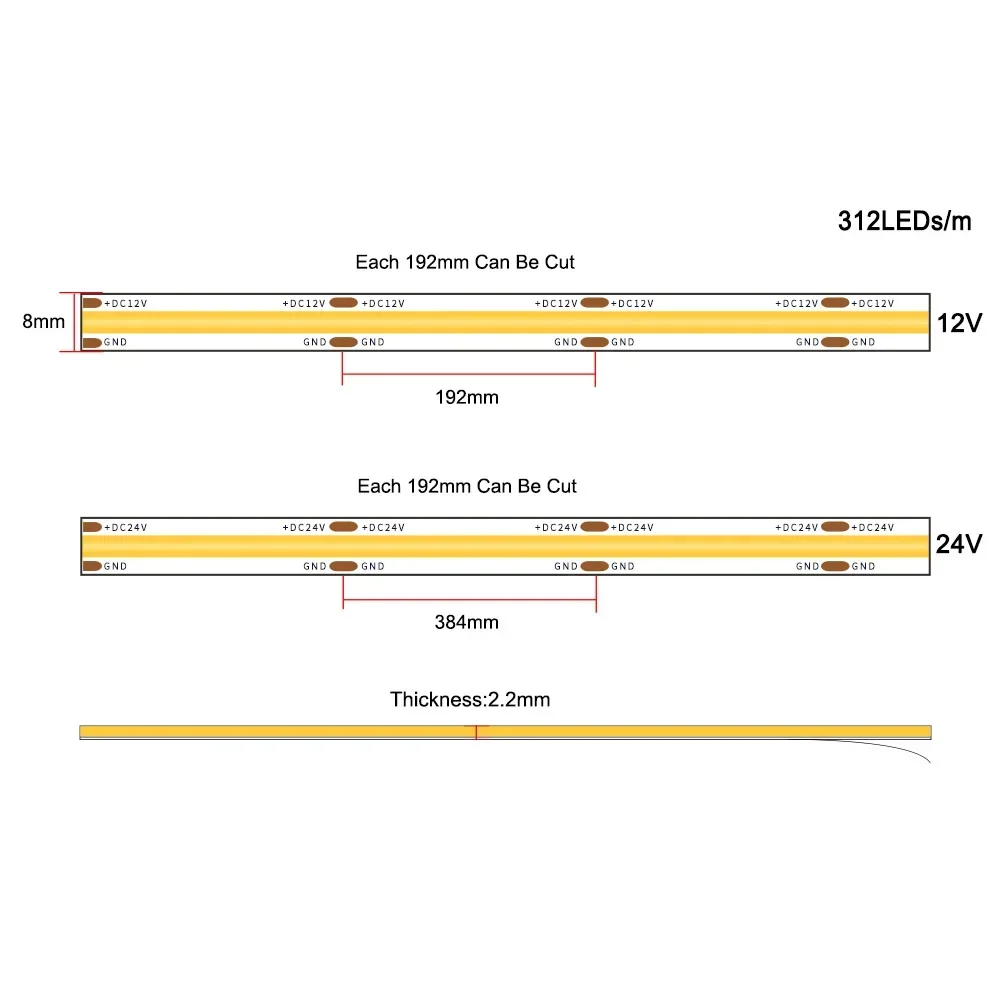 COB LED 스트립 조명 312 LED, 고밀도 유연한 테이프 리본, 따뜻한 흰색, 자연 쿨 화이트, 10m, 3000K, 6000K, LED 조명, DC12V, 24V