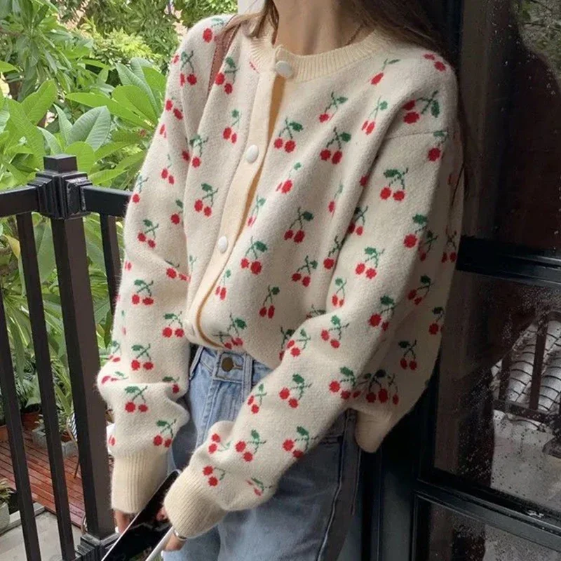 

Japanese Style Sweaters Coat Women 2023 Autumn Cherry-Print Knitted Cardigans for Woman Vintage Single Breasted Loose Cardigan