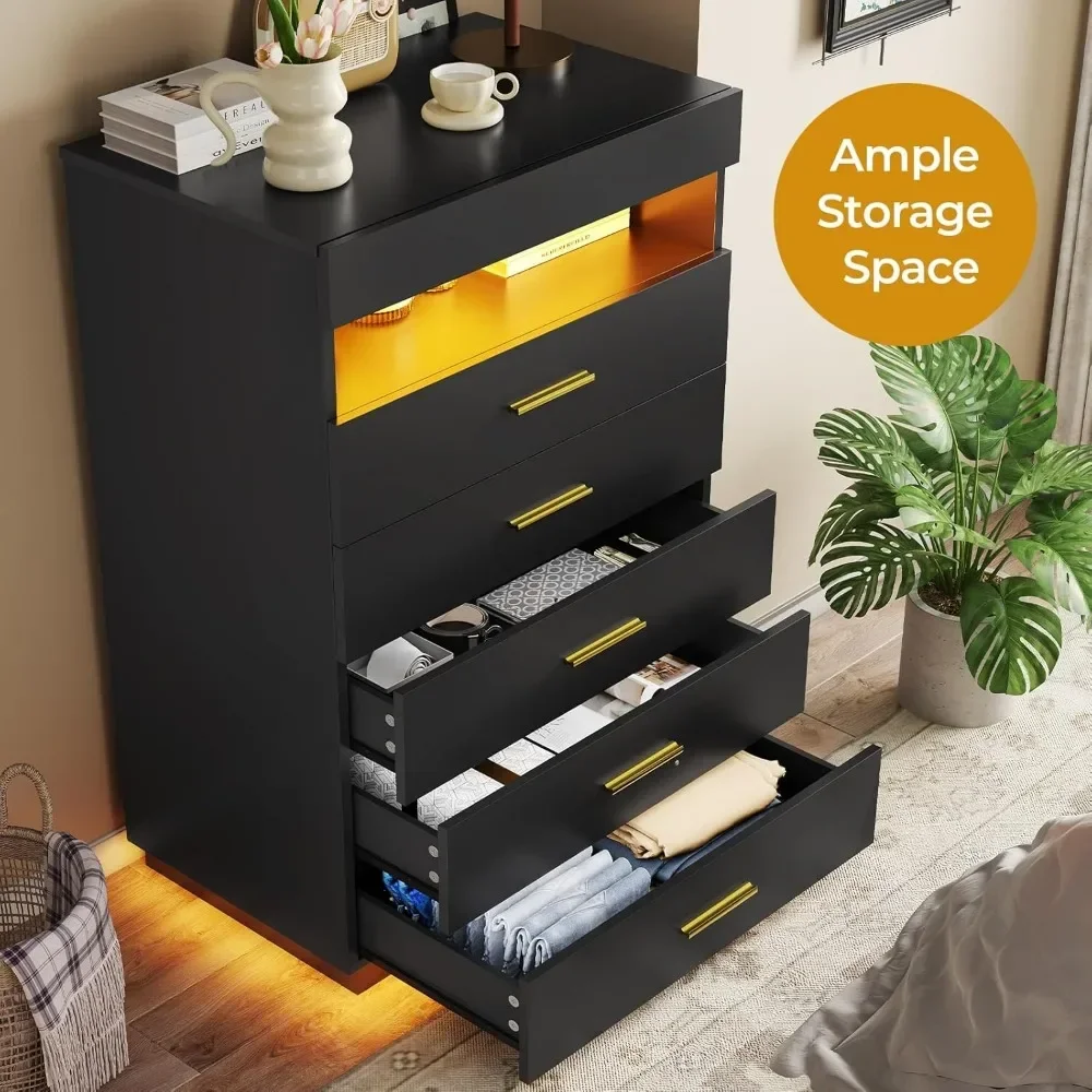 Dresser with LED Lights, Floating Tall Dresser with 5 Large Drawers & Pull Out Tray, 5 Drawer Dresser Wood, Bedroom 6