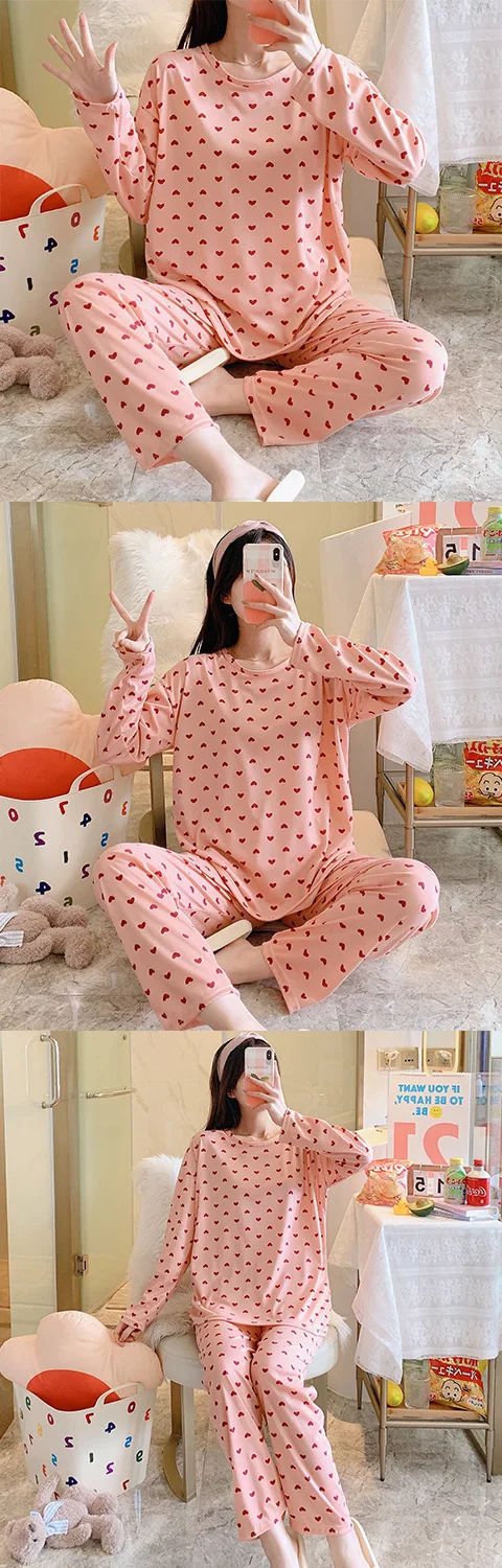 Pajamas Women Long Sleeve Pants Two-Piece Set Cute Sweet and Simple Student Homewear Crew Neck Pullover Long Pajamas Large Size