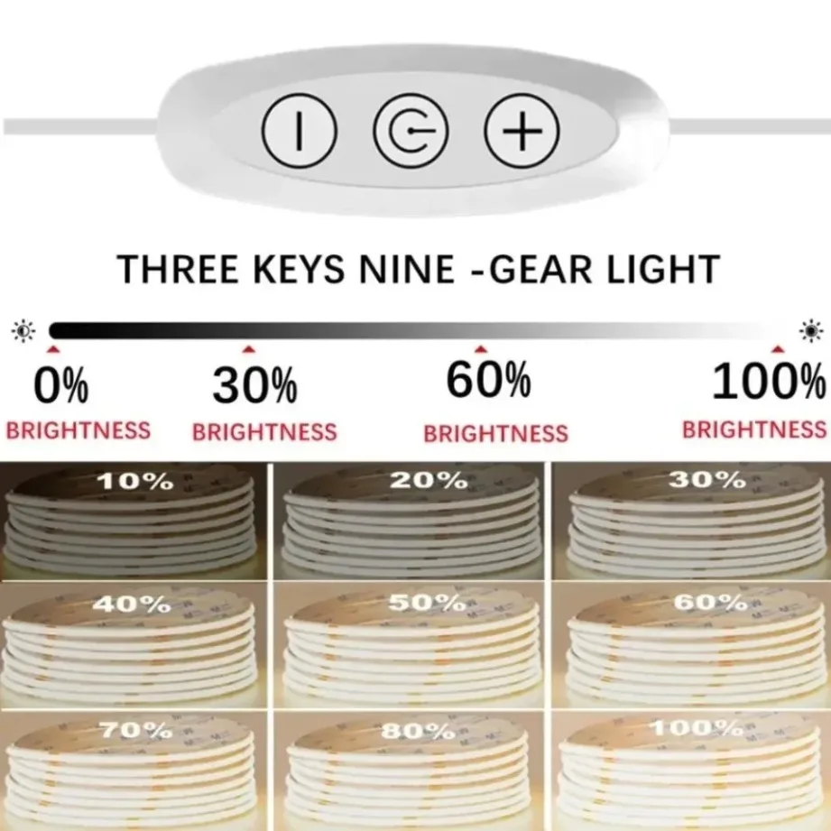 5V USB 3키 스위치 디밍 가능 COB LED 스트립 320LEDs/m 3000K 4000K 6000K 홈데코 캐비닛 램프용 플렉시블 리본 로프 LED 조명