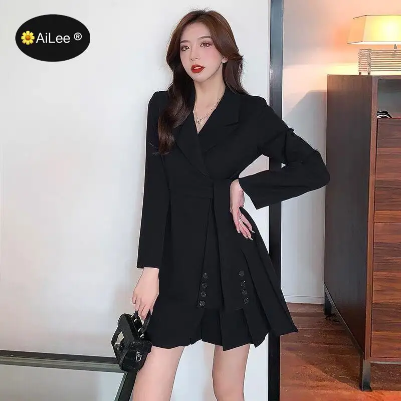 M-4XL Pleated Belt Blazer Suit Skirt Chic Autumn Trendy Women Lapel Tie Wide Loose Fashion Office Apricot Long Sleeve Suit Dress