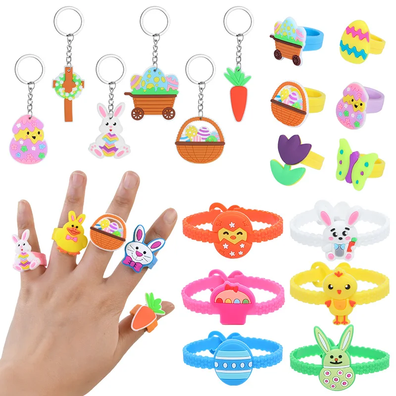 Easter Rabbit Eggs Wristband Silicone Ring Keychains Kids Happy Easter Birthday Party Gift Favors Goodie Bag Basket Filler Toys