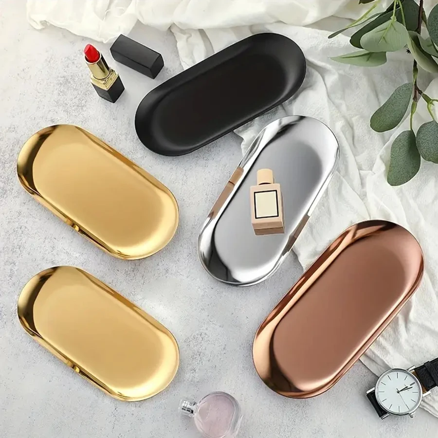 Cosmetic Jewelry Storage Tray Stainless Steel Decorative Organizer Oval Vanity Tray Home Decor
