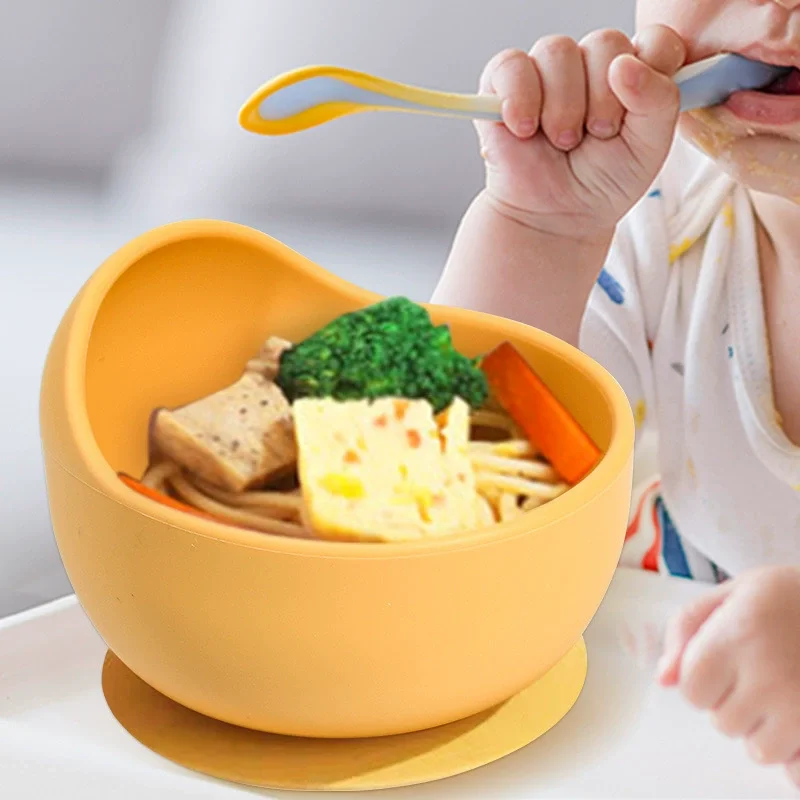 Silicone Baby Bowls Training Spoons Set Baby Suction Bowl and Utensils Toddler Self Feeding Feeding Set 3PCS