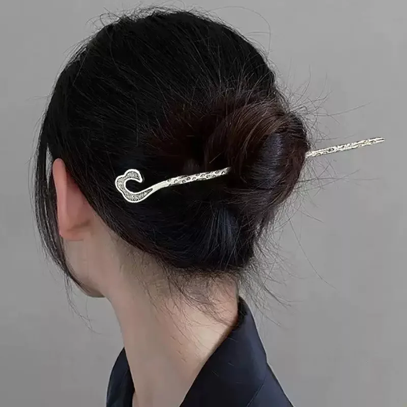 1PC Silver Heart Hair Pin, Rhinestone Decor Hair Stick, Elegant Updo Hair Accessories, Stylish Daily Hair Decor