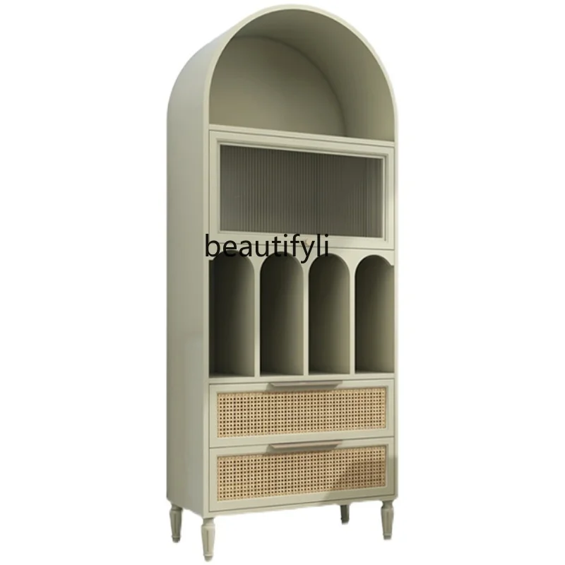 

American-Style Solid Wood Oval Bookcase Light Luxury Floor Small Bookshelf French Retro Arch Decorative Rattan Wine Cabinet