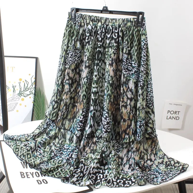 

Women Summer Autumn Vintage Mid Skirts Leopard Green Elastic High Waist Patchwork A-line Skirts Plus Size Women Clothing