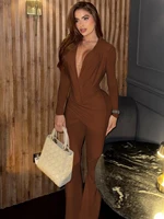Dulzura 2025 Autumn Fashion Sexy V-Neck Long Sleeve Ruched Slim Fit Jumpsuit Women Solid Causal Romper Party Club Street Clothes - Image 4