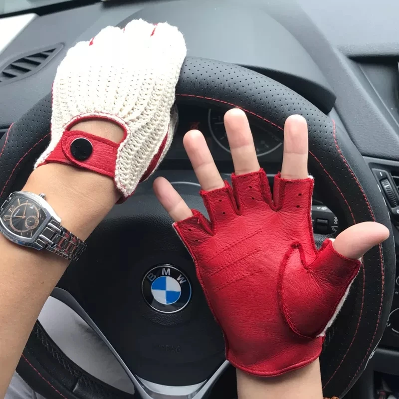 New Men Leather Gloves Fashion Breathable Half Fingerless Knitted Gloves Unlined Non-slip Male Driving Locomotive Mitten