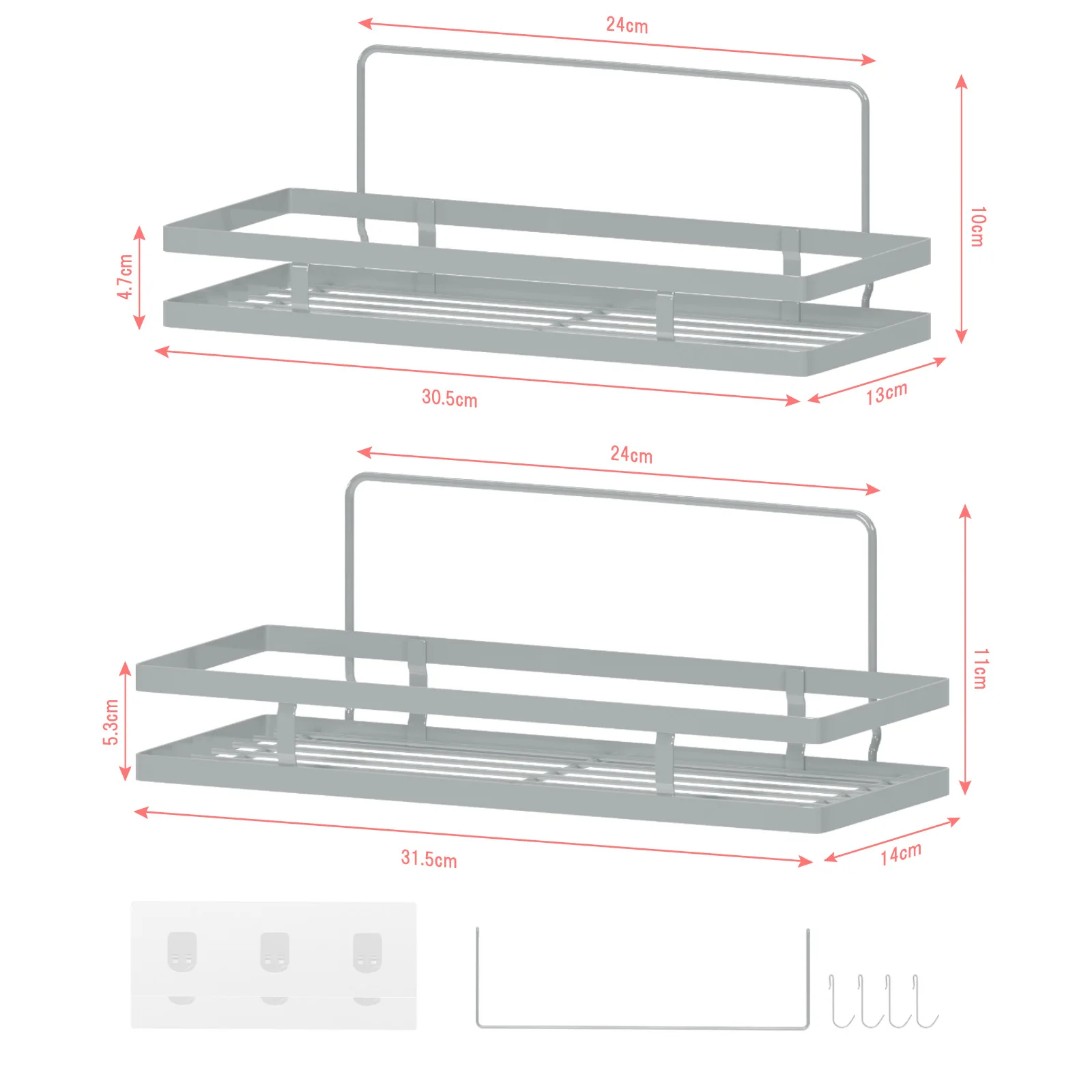 2PCS Bathroom Shelves Shampoo Storage Rack 2 tier Towel Rack with Small Hooks Holds up to 15KG Waterproof Rustproof Wall mounted