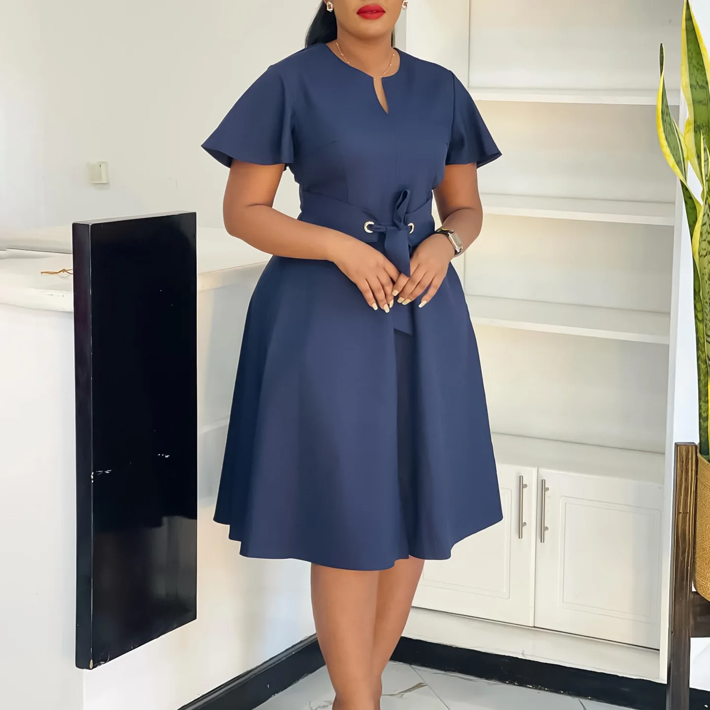 Plus Size Spring Summer New Solid Color Matching V-Neck Short Sleeves Fashion Commuting Slim Fit Midi Length Elegant Style Dress
