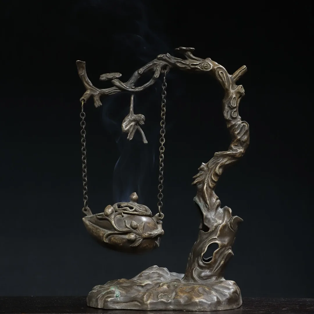 

Коллекция тибетских храмов 15 дюймов, старый Бронзовый циннабар, форма корня персика, обезьяна, собирающая персиковый подвесной печи, индукционные украшения