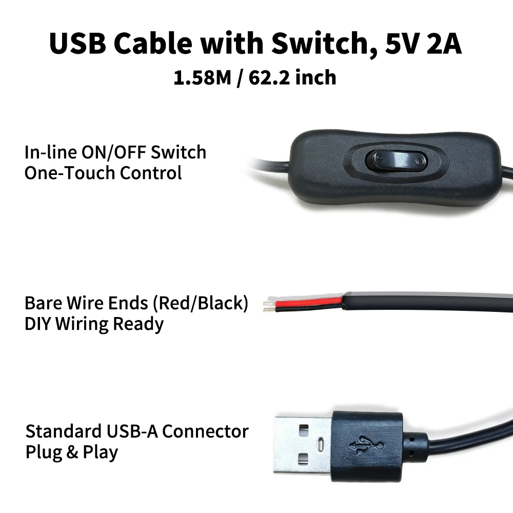 ON/OFF 스위치가 있는 1.58M USB 케이블, DIY LED 스트립 팬 전원 공급용 베어 와이어 엔드 2/4/6/8팩