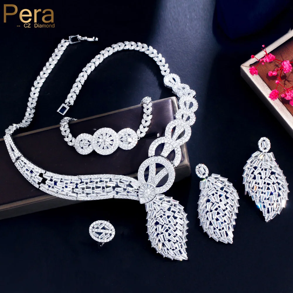 

Pera Luxury Clear White CZ Zircon Long Geometry Drop Necklace Earrings Bracelet Ring for Women Wedding 4Pcs Jewelry Sets J163