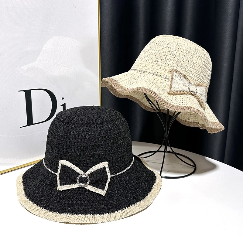 

Rhine-drill Foreign Gas Visor Hat Women's Summer Thin Section Cotton Hemp Basin Hat Bow Fisherman's Hat Elegant Sunscreen Hat