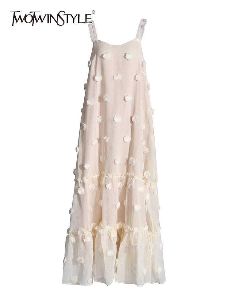 

TWOTWINSTYLE Solid Patchwork Appliques Beach Dresses For Women Square Collar Sleeveless High Waist Loose Long Dress Female Style