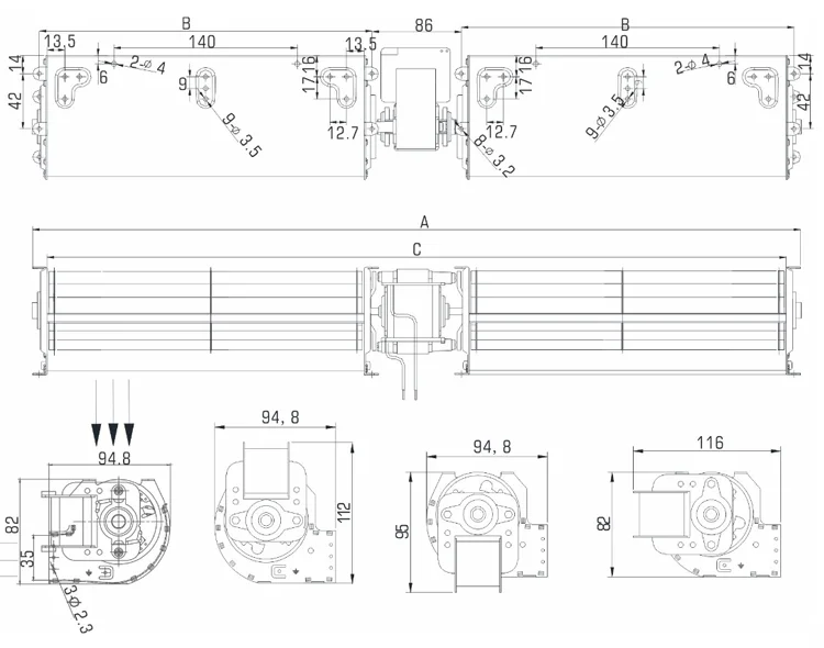 Description Picture 2 of item60mm AC mini single double triple impellers Cross Flow Fan Tangential blower air curtain for pellet stoves,electric fireplace