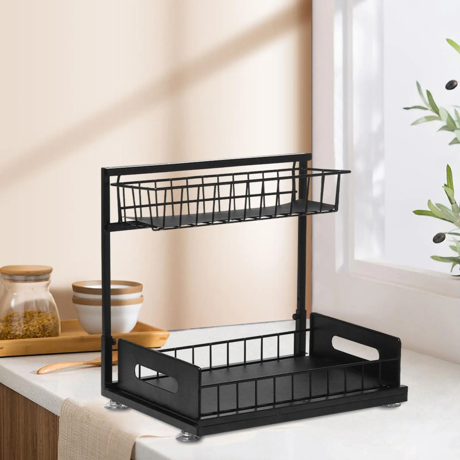 

Sink Storage Rack 2 Tier Utensil Storage Holder Scrubber Brushes Organizer (No Drill) Kitchen Organizer Utensil Drainer Rack