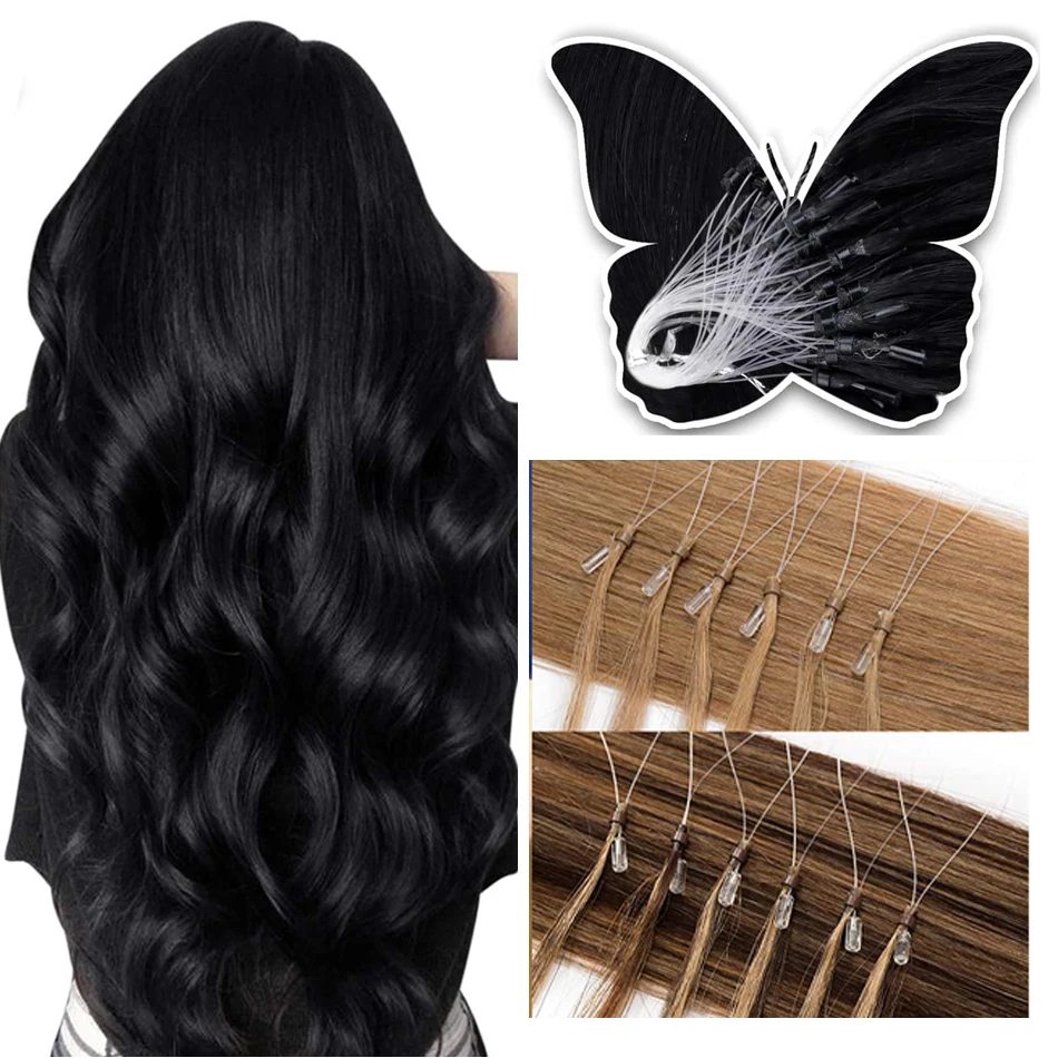 Micro Loop Human Hair Extensions Micro Ring Fish Line Link Hair Extensions Cold Fusion Remy For Women #1B Color 16-26 Inch