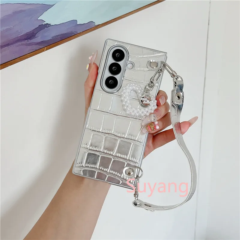 Pearl Heart Pu Leather Alligator Pattern Case For Samsung Galaxy Z Fold_voghion.com