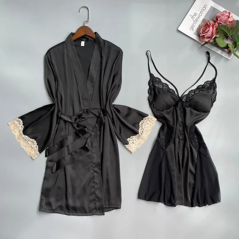 

Sexy Lace Bathrobe Gown Suit Womens Nighty&Robe Set New Summer Rayon Sleepwear Female Kimono Nightgown Home Dress Loungewear