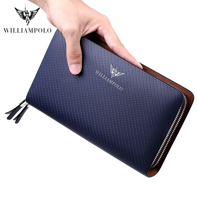 WILLIAMPOLO Men's Wallet Business Large Capacity Clutch Bag Genuine Leather Clutch Wallet Double Zipper Handbag Long Men Wallet 6
