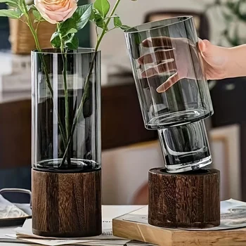 Glass Vase Wooden Base Set 1