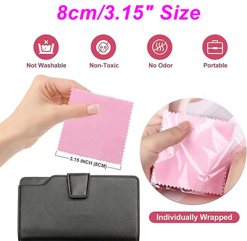 100개 개별 포장된 보석 세척 천 핑크 광택 천 (, 금, 백금용) 8x8cm