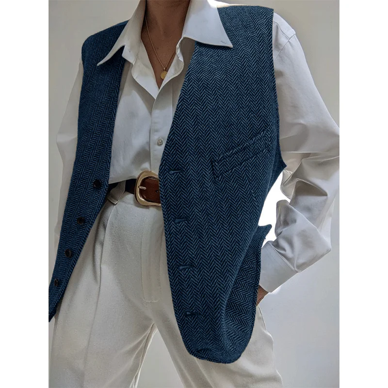 Women's Vest Herringbone Tweed Collarless Sleeveless Single-breasted Waistcoat Casual Slim High Street Fashion Lady Clothing