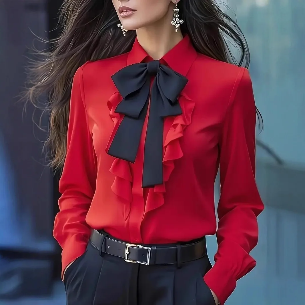 Women Slim Ruffle Butterfly Knot Blouse for Autumn Spring