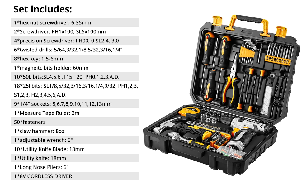 incluye un conjunto completo de herramientas manuales y brocas en una funda de transporte negra y amarilla con compartimentos organizados.