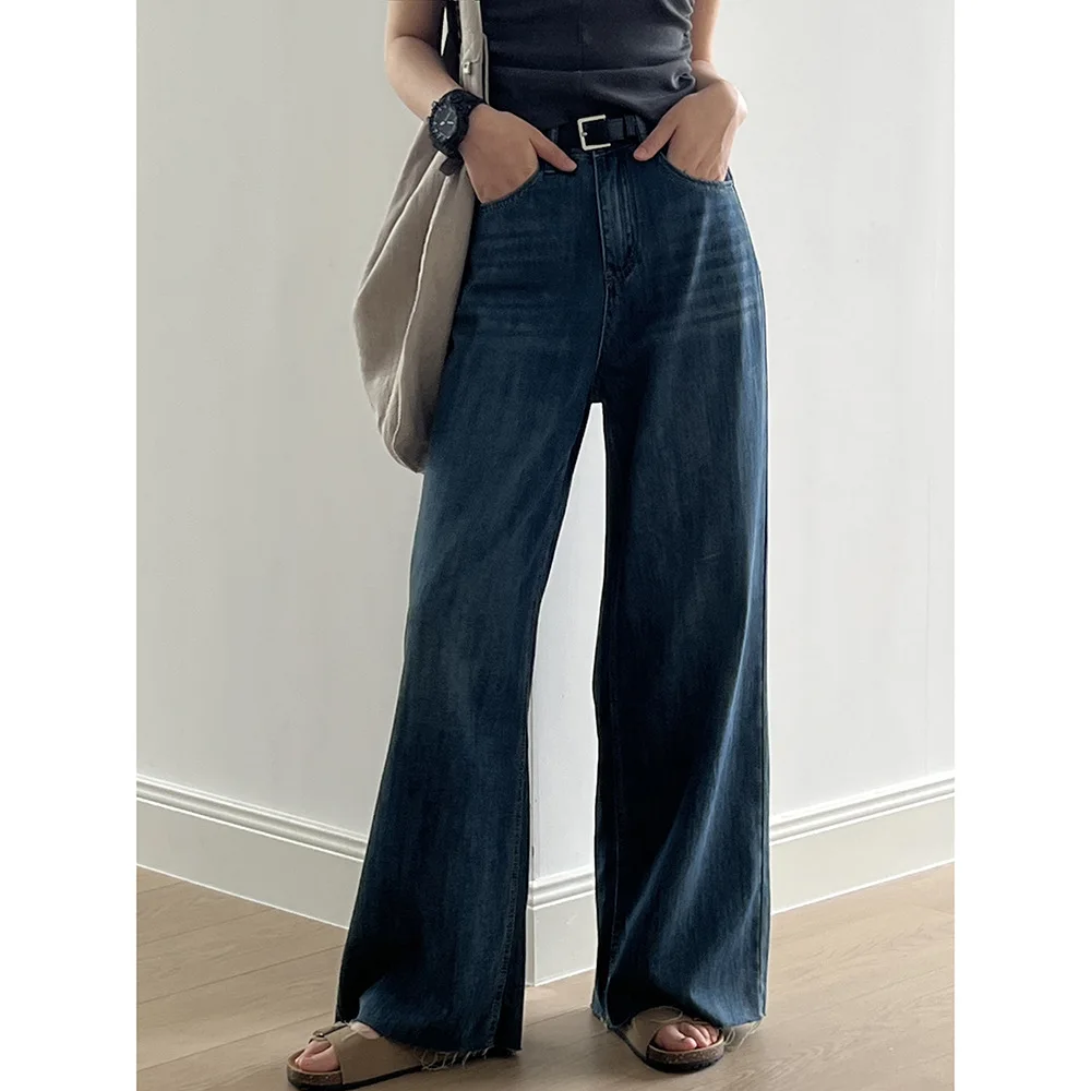 Women Clothing Thin Retro Wide-leg Jeans 2024 Summer High-waisted New Fashionable Casual Solid Color Straight-leg Pants