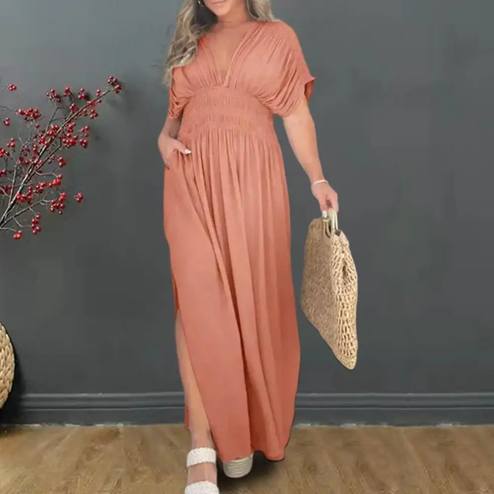 

Lightweight Solid Color Dress Elegant Maxi Dress with Pleated Bat Sleeves V-neck Pockets Ankle Length Solid Color for Casual