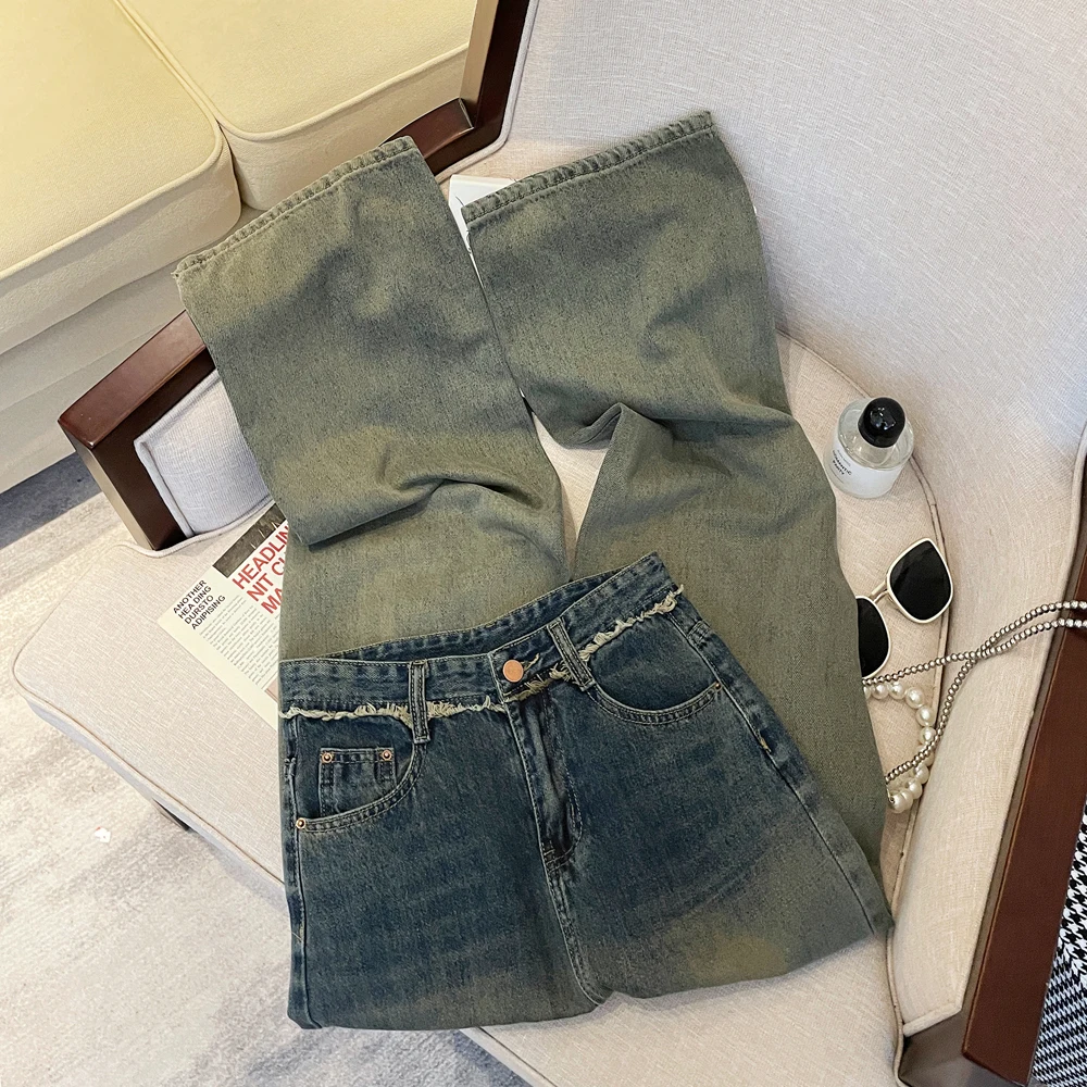 

Raw Edge Tie Dyed Women's Gradient Blue Jeans High Waist Straight Casual Pants Street Chic Female Loose Denim Wide Leg Trousers