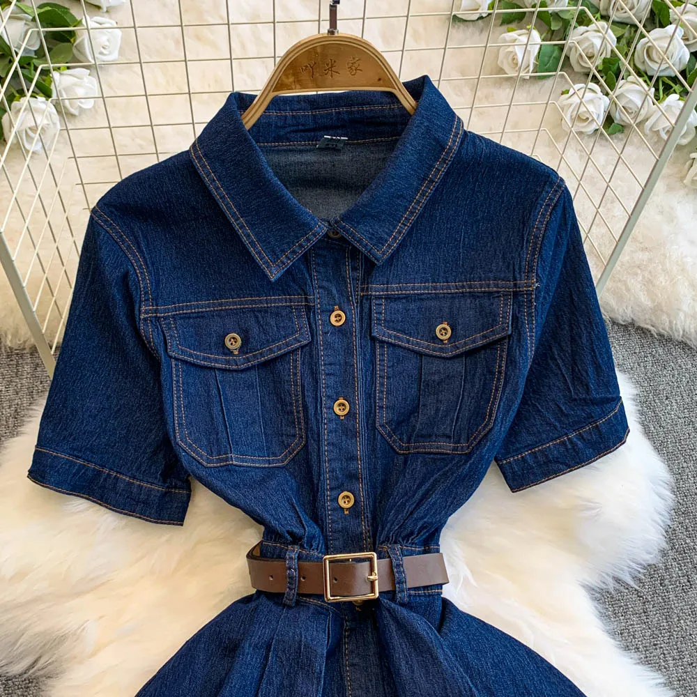 Women Denim Dress Spring Summer A-Line Mid-Length Short Sleeve Turn Down  Collar Dresses Casual Office Lady Frocks Streetwear - AliExpress