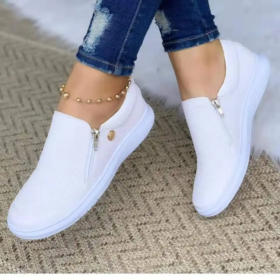 Zapatos Planos sin Cordones Mocasines Cremallera de Cuero, Relieve, Plataforma Brillante, Moda, Otoño, Femeninos - AliExpress