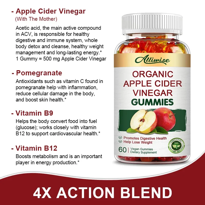 Organic Apple Cider Gummies Fat Burner Body Sculpting Vitaminb Reduce Bloating and Promote Digestion Dietary Alliwise
