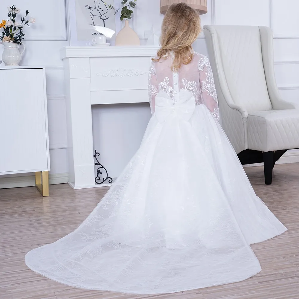 Princess Lace Flower Girl Dresses Long Sleeves Floor Length Pageant Dresses First Communion Ball Gowns For Girl