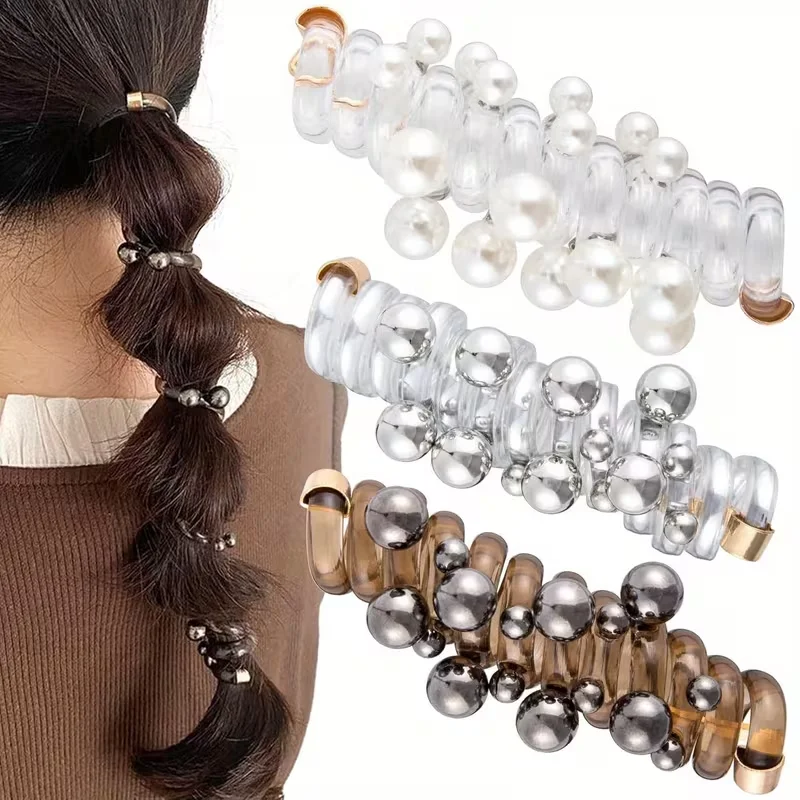 Fascia per capelli a spirale con perline, fascia per capelli a forma di perla, elastico per capelli a coda di cavallo, adatto per capelli lunghi e ricci - immagine 2