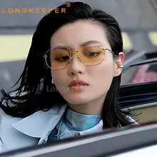 

Polygonal Metal Frame Sunglasses Yellow Lens Luxury Designer Square Sun Glasses Female Rivet Decorative Eyewear Beach Party