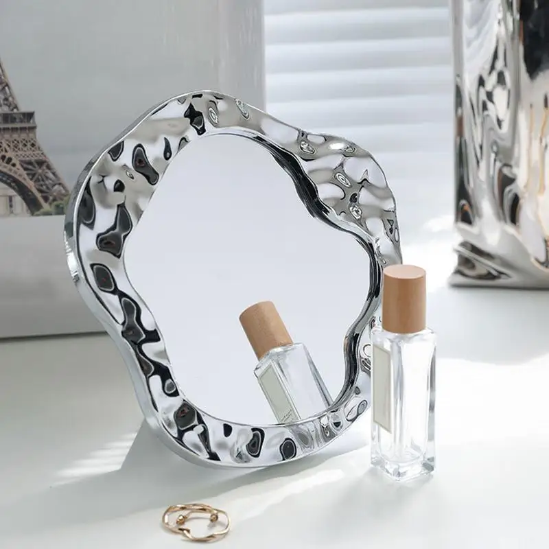 Desktop Mirror Aesthetic Desk Mirror With Stand Irregular Wave Design Stylish Cosmetic Tool For Kids Adults Student Dormitory